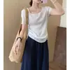 Estilo Casual Gola Quadrada Cordão Mangas Curtas em Ambos os Lados Verão 2025 Novo Estilo Coreano Casual Elegante Cor Lisa Camiseta Top