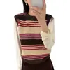 Elegante chaleco de punto a rayas con cuello redondo estilo retro para mujer, adecuado para primavera y otoño, se puede usar como capa exterior, suéter sin mangas, cárdigan o top