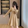 Vestido de otoño nuevo de estilo francés con cuello de muñeca pequeño y manga larga color café para mujer, falda de cintura alta tipo A