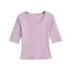 Camiseta Hot Girl Sexy com Decote em U Baixo, Patchwork, Manga Média, Cor Sólida, Nova, Estilosa, Versátil, Slim Fit, Camiseta Base Curta para Primavera e Verão