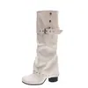 Botas Femininas Brancas Longas Estilo Coreano com Aumento de Altura de 7cm, Uso Duplo, Novidade Outono/Inverno 2026, Botas Versáteis Vintage com Salto Grosso para Calças