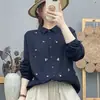Nueva Camisa Bordada de Gasa de Doble Capa Artística y Fresca para Primavera y Otoño para Mujer, Blusa Versátil de Manga Larga de Corte Holgado al por Mayor