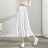 Saia Jeans de Verão em Renda Meio Comprida Feminina Cor Sólida Cintura Alta Fluida Plissada Acabamento Afinando Saias Midi de Corte A