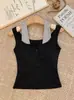 Camisola tipo dos piezas falsa con cuello halter para mujer, de doble capa con colores contrastantes, abotonada, corte ajustado, con copas incorporadas, adecuada para usar en capas o como prenda exterior, top de verano