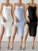 Vestido de Tricô Bodycon de Cintura Alta com Fenda Verão 2026 Europeu e Americano Transfronteiriço Vestido Sexy Slim-Fit com Alças Finas