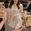 Pijama de Verano de Moda en Internet para Mujer con Encaje Lindo Sexy de Niña Mangas Cortas Ropa de Casa Set de Dos Piezas con Lazo en Vivo