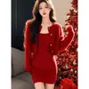 Conjunto de vestido suéter elegante estilo coreano para mulheres, conjunto de duas peças de tricô para outono e inverno