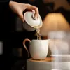Juego de Té Gaiwan de Cerámica Beige con Esmalte Craquelado del Horno Ru de las Dinastías Tang y Song, Tres Piezas para Uso Doméstico, Tazón para Servir Té, Tapa y Base, Tazón para Preparar Té