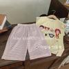 Gran Venta No Reembolsable y No Intercambiable [Pide con Racionalidad] Camiseta de Manga Corta Estampada con Abertura para Niña + Pantalones de Pierna Ancha Rayados