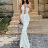 Comércio Exterior Sexy Ruga no Pescoço Vazado Branco Vestido Feminino Elegante Sem Costas Vestido Banquete Feminino Elegante