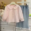 Nueva camisa de muñeca bordada de algodón puro para otoño para niñas, camisa moderna estilo coreano para bebés, camisa de moda infantil, ropa infantil