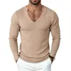 Comercio Exterior Ropa de Hombre Europea y Americana Otoño e Invierno Camiseta de Color Sólido con Rayas Verticales para Hombre Camisa Base Casual Holgada para Hombre con Cuello en V Profundo de Manga Larga