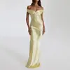 Vestido largo de satén estilo europeo y americano, con hombros descubiertos, escote en V, ajustado, corte sirena, color liso, de alta gama, elegante, C