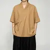 2026 Nova Camisa Hanfu Chinesa de Manga Curta Estilo Comércio Exterior Transfronteiriço, Roupão Masculino Retrô de Algodão e Linho Tamanho Grande na Moda