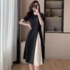 Vestido de Color de Contraste Disparo Real para Mujer Verano Diseño de Puntada Fruncida Sentido del Diseño Cubre Carne Adelgazante Talla Grande Vestido Camiseta de Longitud Media para Mujer