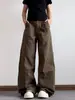 Jeans de Trabajo Vintage Marrones Desestructurados Lavados para Hombre, Pantalones Rectos Anchos de Pierna Ancha con Pliegues Sueltos de Moda