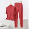 Conjunto de Modal para Mujer con Cuello Alto Medio y Mangas de Tres Cuartos, Camisa Base, Pantalones de Pierna Ancha, Conjunto Casual de Dos Piezas Talla Grande Adecuado para Usar como Ropa de Abrigo