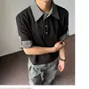 Top de Gola Camisa Patchwork Estilo Miu de Alta Qualidade para Homens e Mulheres, Verão Soltinho, Falso Duas Peças Casal Casual Manga Três Quartos