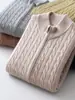 Cárdigan de punto trenzado 100% cachemir puro para hombre para otoño e invierno, jersey de cuello semi-alto, media cremallera, color liso, suéter casual de negocios