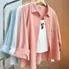 Para Mulheres Baixas, Peça 100% Algodão Lavado em PeçaNova Camisa Feminina Versátil Estilo Coreano de Manga Longa Cor Sólida em Algodão Slub