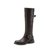 Botas de Caballero Elegantes Versátiles con Hebilla Moldeadoras de Pierna de Piel de Vaca Entera 2026 Invierno Tacón Medio Grueso Punta Redonda Piel Genuina Caña Alta Botas Largas Mujer