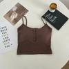 Camisola corta gris con almohadilla en el pecho para mujer, estilo americano, estilo Spice Girl, sin mangas, con botones en la base interior.