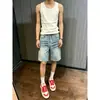 Shorts de mezclilla rasgados estilo americano con patrón de rayo transfronterizo para hombre, diseño único, marca de tendencia nicho, shorts lavados de pierna ancha hasta la rodilla