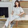 2025 Pijama Nuevo de Seda de Hielo y Nieve para Mujer de Manga Corta con Pantalón, Cárdigan de Encaje a Rayas Transpirable y Cómodo para el Hogar