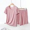 Conjunto de Pijama de Modal de Verano para Mujer, Manga Corta, Pantalón Corto, Delgado, Casual, Color Liso, Se Puede Usar Afuera, Refrescante, Conjunto para Estar en Casa