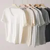 Camiseta de Manga Corta Regular para Mujer de Acetato de Tencel y Lino, Top Casual Versátil Simple con Bolsillo y Cuello Redondo