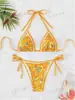 Bikini Traje de Baño Estampado de Porcelana Azul y Blanca, Femenino de Tres Piezas con Cordones en la Espalda Sin Espalda, Más Vendido en Amazon, Traje de Baño Dividido