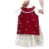 [Pequeño Chef Dulce] ¡Estética de Ballet! Conjunto de Chaleco Rojo Bordado con Moño para Bebé Niña y Pantalón Falda de Pastel Calado