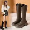 Botas largas de suela gruesa para mujer, nuevo estilo otoño/invierno 2026, forradas de felpa, tacón grueso, botas de montar hasta la rodilla, adecuadas para mujeres menudas, no llegan a la rodilla