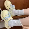 Calcetines de estilo coreano Ins con lazo, de media pantorrilla para mujer, calcetines frescos florales a cuadros para primavera y verano, calcetines de algodón puro transpirables para mujer