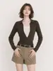 Suéter de punto estilo minimalista con cuello camisero, imitación de dos piezas, manga larga para mujer, nuevo otoño 2026, top versátil de corte ajustado en color gris oscuro
