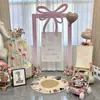 Decoração de Primeiro Aniversário de Menina Balão Painel de KT Parede de Fundo Decoração Laço Rosa Cartão de Boas-Vindas para Banquete de 100 Dias do Bebê