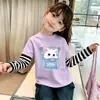 Blusa de Algodão Puro Listrada Patchwork para Meninas Camada Base para Crianças Médias e Grandes Estilosa Desenho Animado Roupa de Primavera e Outono Novo Estilo Meninas Manga Longa