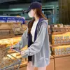 Sudadera con capucha gris para mujer 2026 Nuevo Color de principios de otoño Bloque de color Cremallera Cárdigan Holgado Estilo perezoso Top fino