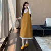 Roupas de maternidade para outono e inverno: Conjunto de duas peças: saia de suspensório com pérolas + camisa base de gola alta, saia longa de lã que esconde a barriga e emagrece