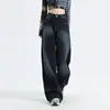 Jeans Azul Mar Profundo de Cintura Alta Wide Leg para Mulheres Verão 2025 Novo Estilo Preguiçoso Solto Drapeado Calças Retas de Comprimento Total