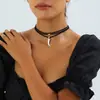 Colar de Corda de Camurça Multicamadas com Pingente de Meia-Lua Retro para Menina Escura Choker Cool Corrente para Clavícula Gargantilha
