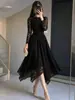 2026 Nuevo Vestido de Encaje Francés para Mujer Manga Larga Cintura Ceñida Adelgazante Elegante Temperamento Rojo Negro Longitud Media Formal