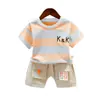 Conjunto de Roupas Infantis 2026 Verão Novo Estilo Coreano Listrado Ombro Caído Manga Curta Shorts Jeans Casuais para Meninos e Meninas
