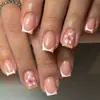 Uñas estilo francés con Hibisco, uñas cuadradas de longitud media, rosa nude con bordes blancos, uñas postizas suaves estilo isla, al por mayor