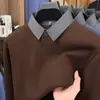 Camisa gruesa de invierno para hombre, estilo nuevo, con forro polar, imitación de dos piezas, cuello camisero, top de punto cálido de color liso