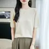26 Verão Novo Feminino Fino Lã Falsa Gola Redonda Fina Padrão Ondulado Manga Curta Camiseta Versátil Moda Top Malha