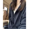 Sudadera con capucha cepillada retro azul para mujer, otoño 2026, nuevo estilo, americana, holgada, manga larga, cárdigan
