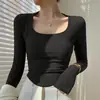 Camiseta de manga larga para mujer, de terciopelo con hilo, cálida, interior grueso de forro polar, corte ajustado, temperamento, para otoño e invierno, venta al por mayor transfronteriza
