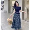 2026 Novo Estilo Tomara-que-caia para Mulheres, Saia Longa Estampada de Cintura Alta Emagrecedora, Conjunto de Duas Peças Estilo Étnico, Verão Preto