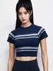 Alternativa de Marca Grande Top de Yoga de Manga Corta Rayado Ultra Corto de Secado Rápido Transpirable Sin Costuras Elástico para Fitness Danza Deportes para Mujer